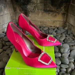 Sam Edelman Harriett Pointed Toe Heel, Size 10, Fuchsia Satin, Blingy Buckle